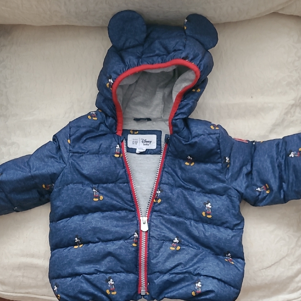 GAP Blue and Red Puffer Jacket with Bear Ears